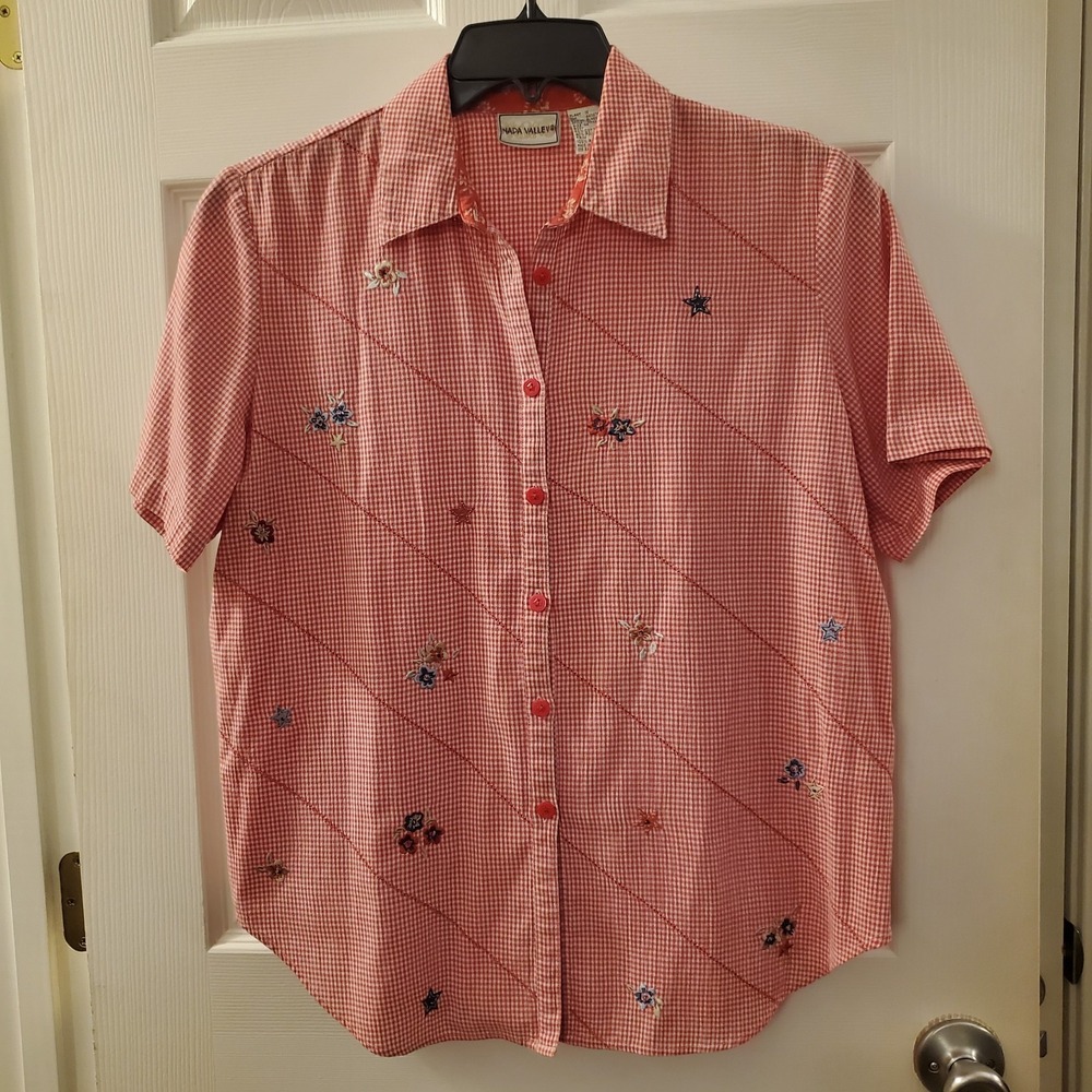 Napa Valley sz M red ss gingham button embroidered boxy top summer July 4th VTG